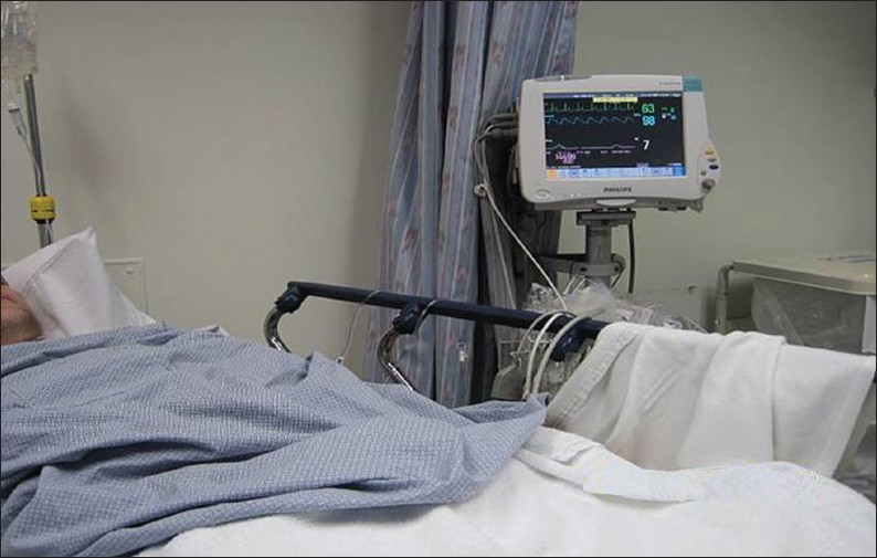 The patient is under constant monitoring with evaluation of the heart rate, blood pressure, and oxygen saturations.