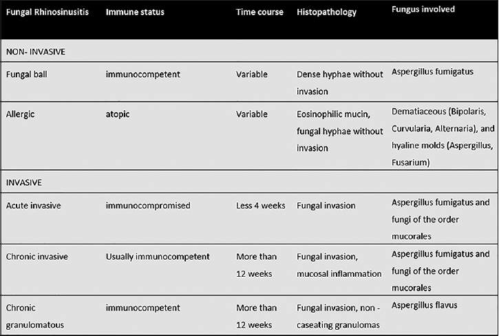 Forms and characteristics of fungal rhinosinusitis.