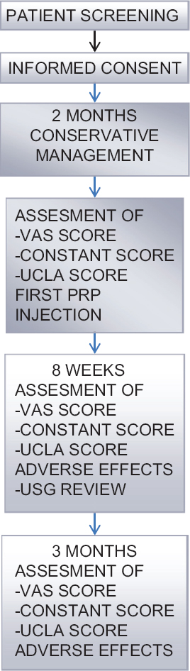 Original flow diagram for study methodology showing the preinjection and postinjection evaluation of patients using visual analog score, constant, and University of California Los Angeles shoulder score.