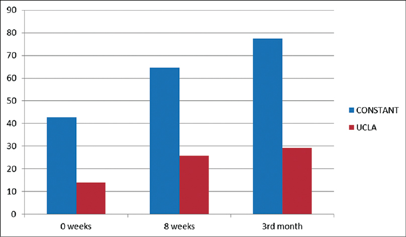 Original bar diagram plotting improvement of CONSTANT score and University of California Los Angeles score in 8 weeks and 3 months postinjection.