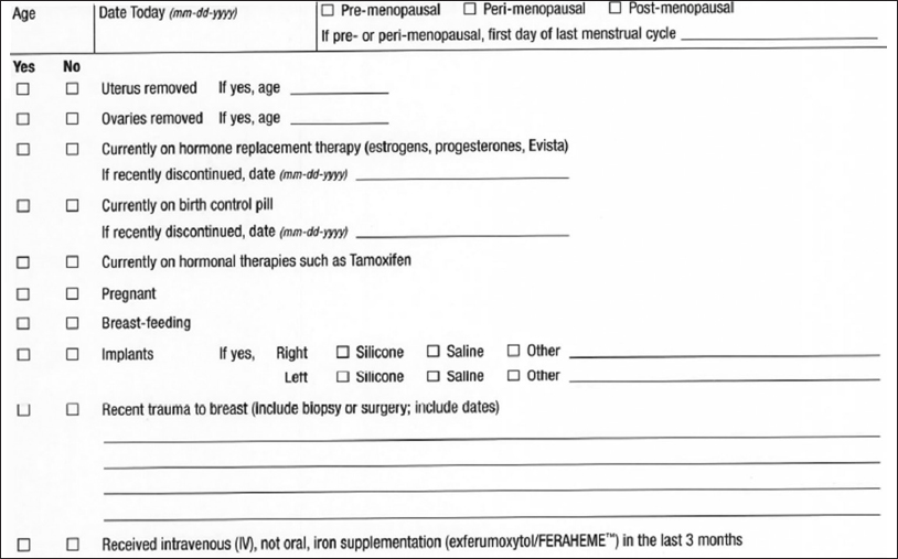 Our modified breast magnetic resonance imaging questionnaire includes a question about administration of FERAHEME as noted in the last sentence.