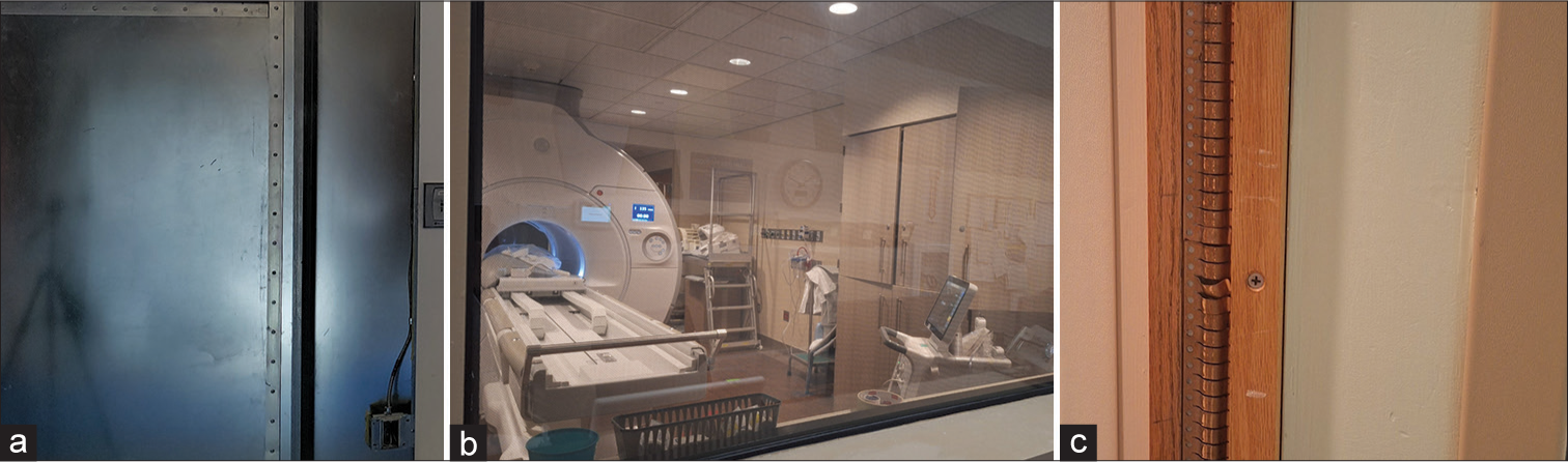 Photographs of (a) wall shielding, (b) screened window shielding, and (c) door shielding in the magnetic resonance scanner room.