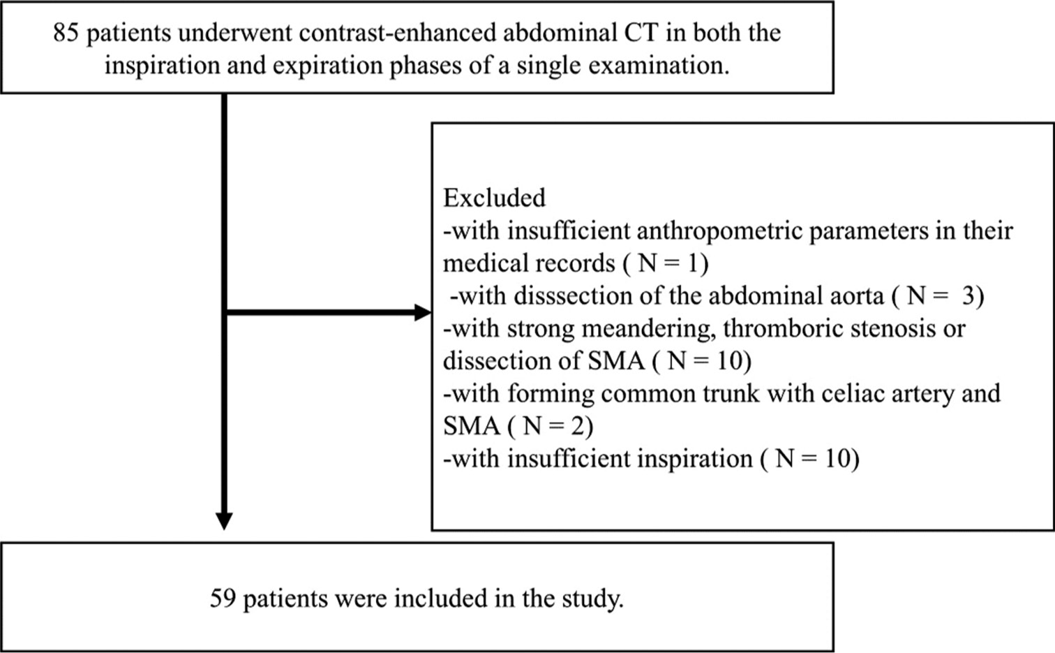 The chart of the included and excluded patients. (CT: Computed tomography, SMA: Superior mesenteric artery).